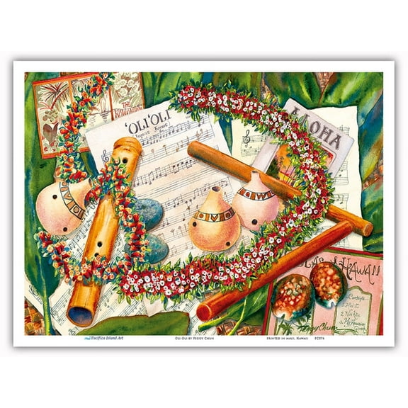 ‘Oli ‘Oli (Hawaiian Chants) - Gourds (Ipu) Nose Flute ('ohe hano ihu) - From an Original Hawaii Watercolor Painting by Peggy Chun - Master Art Print (Unframed) 9in x 12in