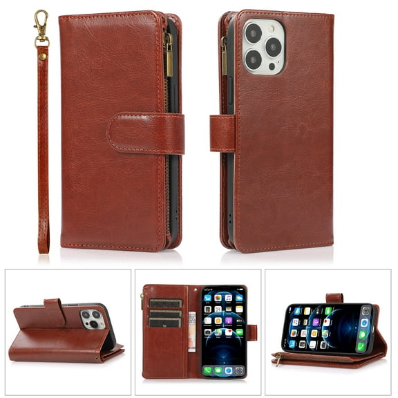 Allytech iPhone 13 Pro Max Wallet Case, 9 Cards Holder Zipper Wallet Case for Women Men Shockproof Hand Strap Full Protective Flip Stand Case Cover for Apple iPhone 13 Pro Max - Brown