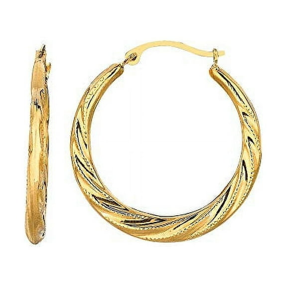 Jewelstop 10K Yellow Gold Shiny Textured Twisted Hoop Earrings, Hinged Clasp 3x24mm