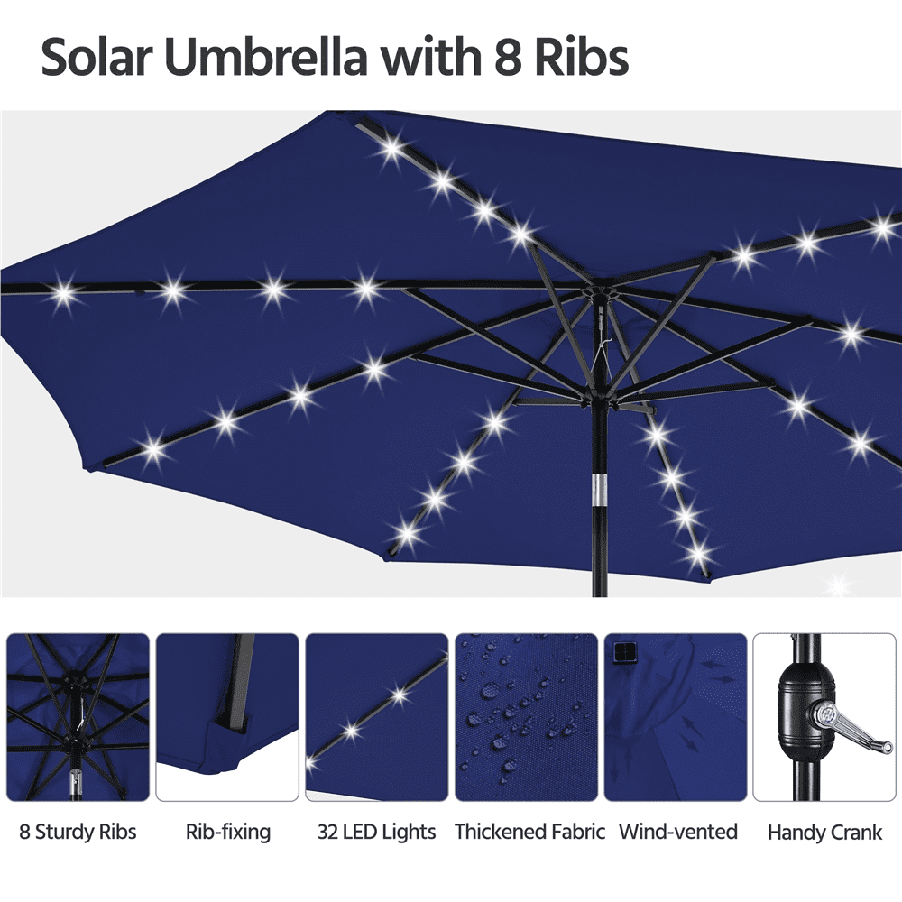 Renwick 10 Ft Outdoor Patio Umbrella with 32 LED Lights, Navy Blue