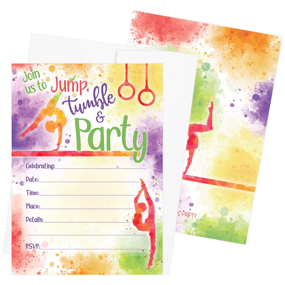 Gymnastics Birthday Party Invitation Cards with Envelopes - Mulitcolor -  10 Count - Distinctivs