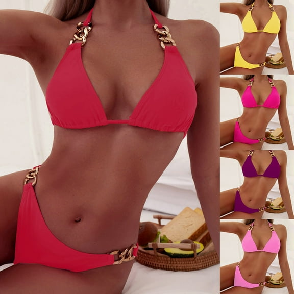 HAPIMO Women's 2Pc Bikini Sets Soild Color High Cut Tropical Hawaii Sleeveless Gold Chain Hanging Neck Summer Beach Swimsuit Trendy Bikini Blue L