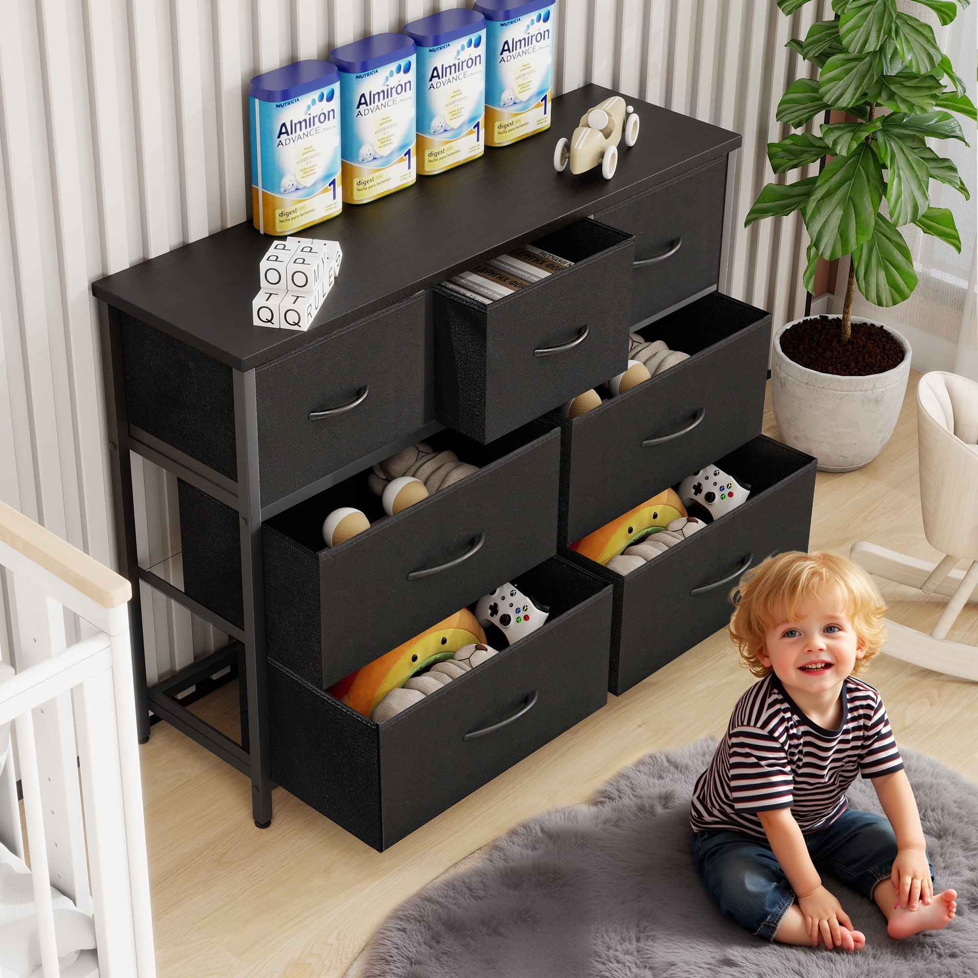 Nextay 7-Drawer Fabric Dresser TV Stand for 45" TV, Storage Dresser Closet with Steel Frame & Wooden Top for Living Room, Dressing Room, Entryway, Black