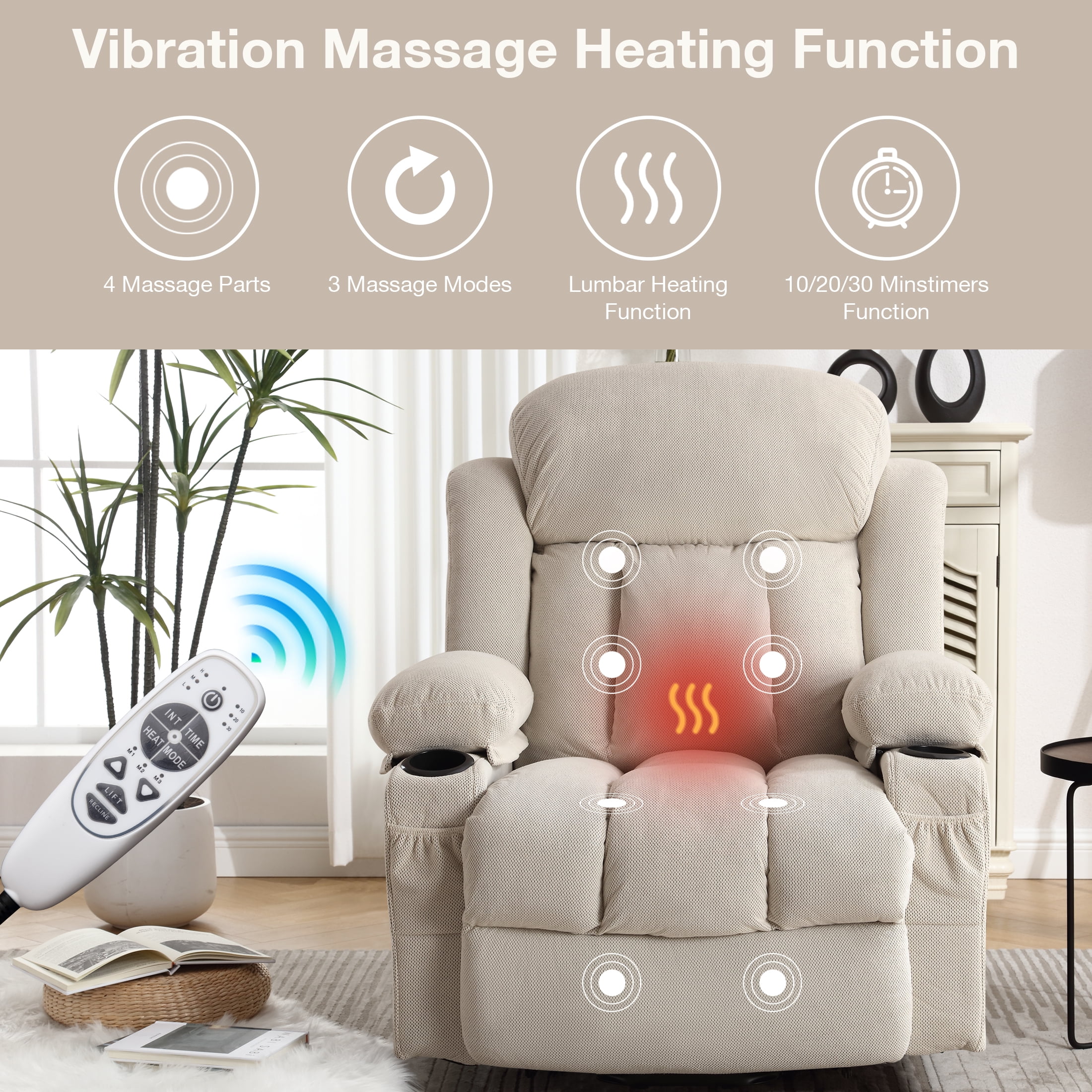 Power Lift Recliner for Elderly, Heavy Duty Electric Recliner Chair with Remote, Plush Fabric Reclining Sofa Chair, Beige