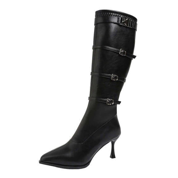 Dasayo Pointed Toe Women's Boots Mid-Calf Black Dress High Heel Buckles Business Faux Leather Boots Shoes for Women 36