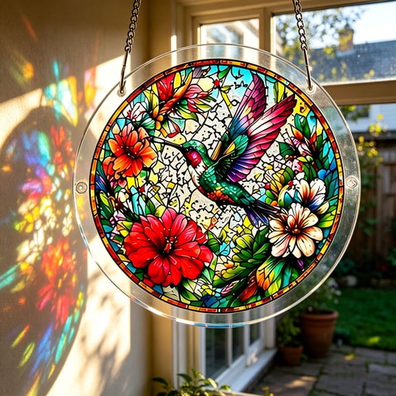 YangKa Floral Acrylic Puzzle Suncatcher, Green Wing Hummingbird Stained Glass Style Window Decor, Great Holiday Decoration, Sweet Housewarming Gift