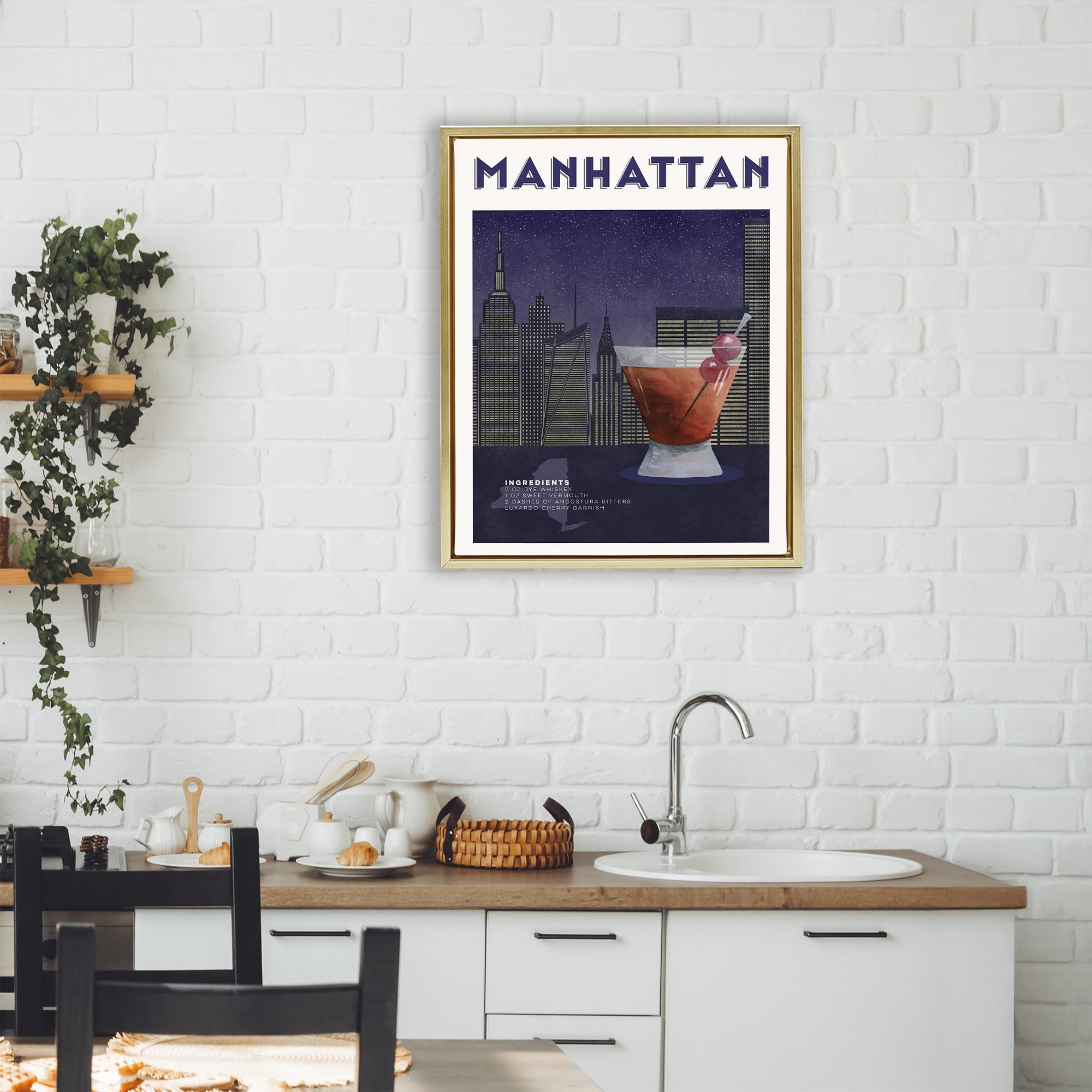 Retro Manhattan Cocktail Cityscape Gold Framed Floater Canvas Wall Art, design by Brett Blumenthal
