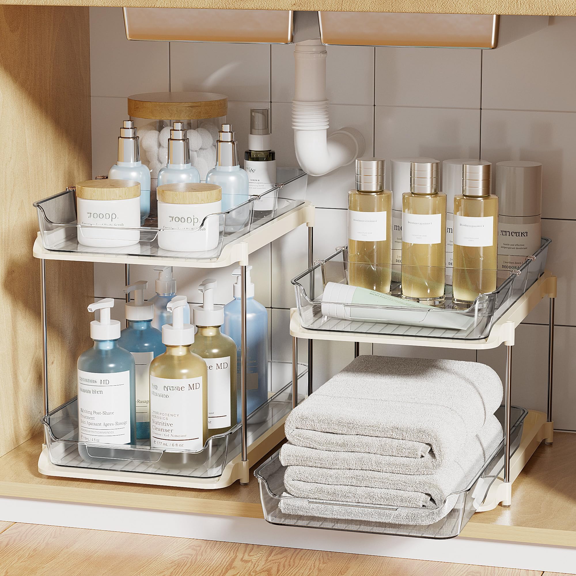 2-tier Multi-purpose Bathroom Under Sink Organizers And Storage  Stackable Kitchen Pantry Organization Pull Out Cabinet Organizer With Movable Dividers Beige 2 Pack