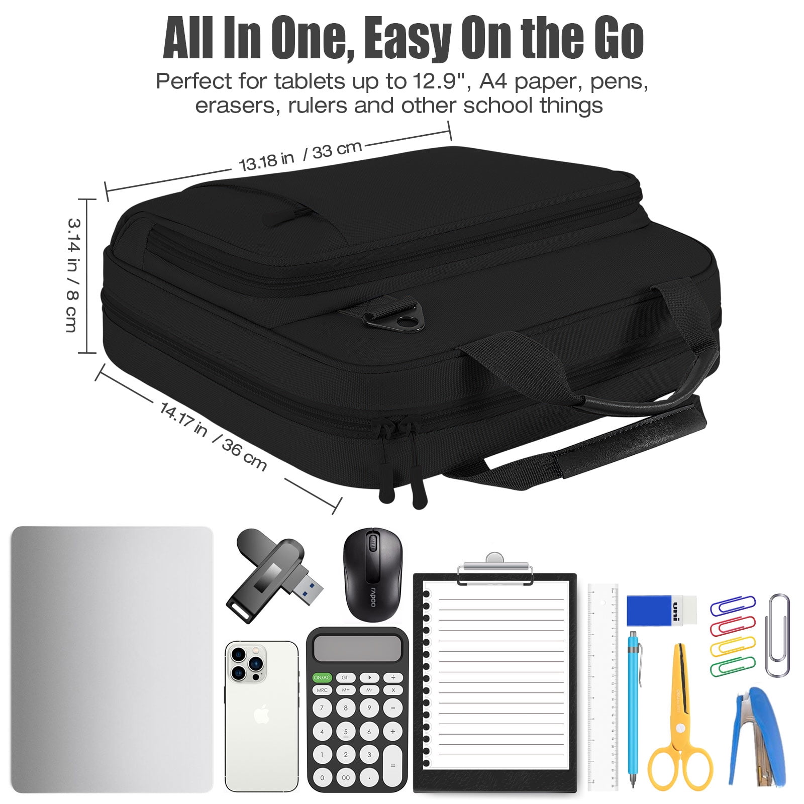 MoKo Zipper Binder with Strap Handle, 2 inch 3 Ring 500 Sheet Capacity Multi-Pockets Binder Organizer, School Office Supplies, Black