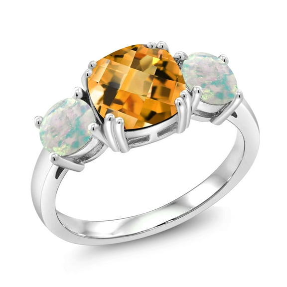 Gem Stone King 925 Sterling Silver Yellow Citrine and Simulated White Opal 3 Stone Engagement Ring for Women (4.15 Cttw, Gemstone November Birthstone, Cushion Checkerboard 8MM, Size 5)