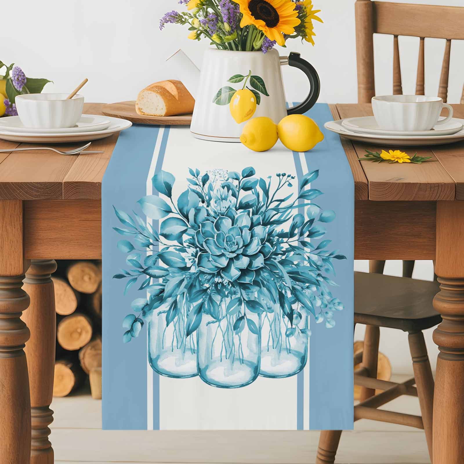 Country Teal Flower Botanical Table Runner 90 Inches Long, Modern Watercolor Stripes Table Runners Tabletop Scarf Kitchen Dining Tables Decoration for Home Party Indoor Outdoor