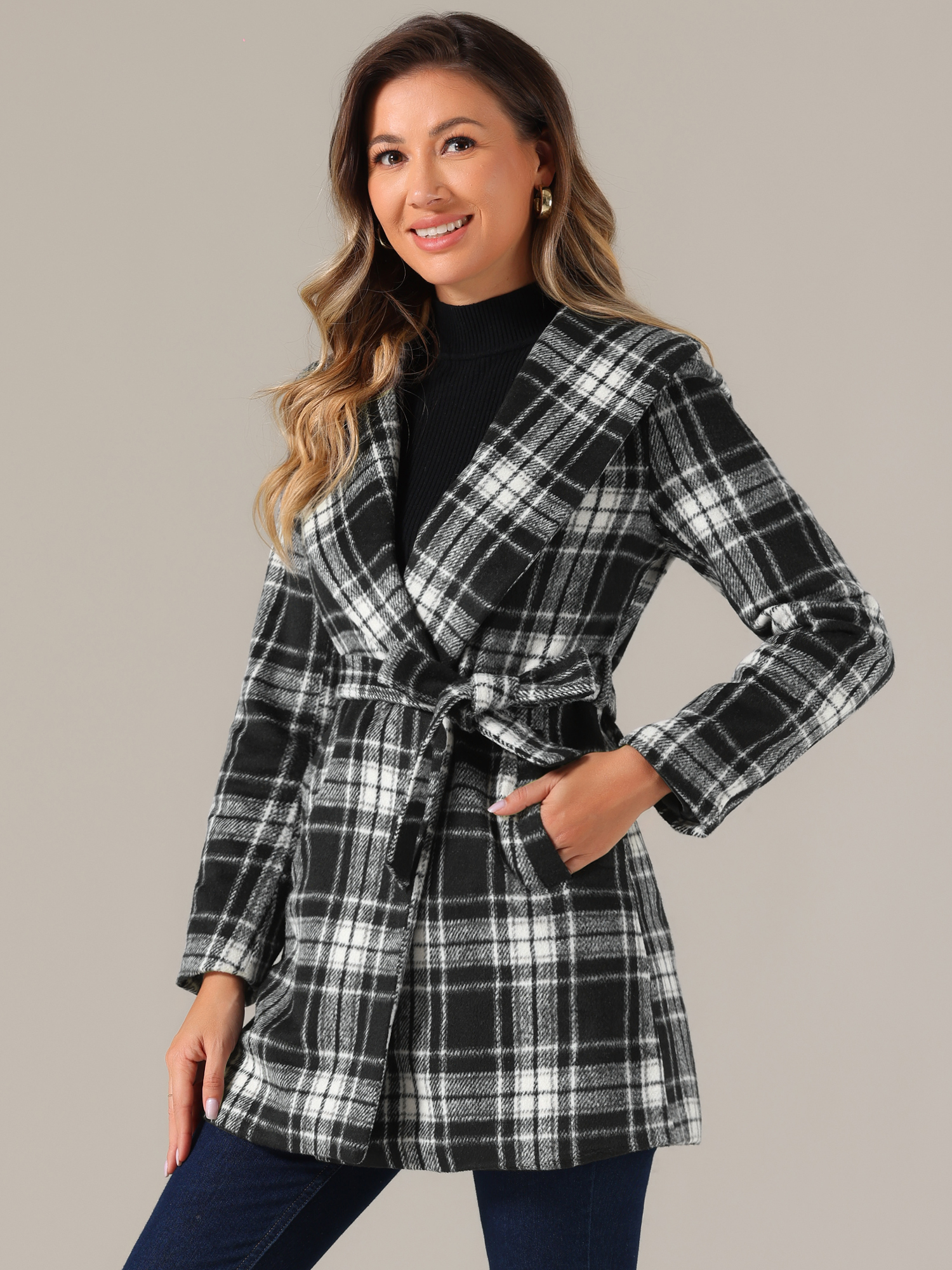 DARING DIVA Women's Winter Plaid Belted Shawl Collar Check Wrap Coat Black White M