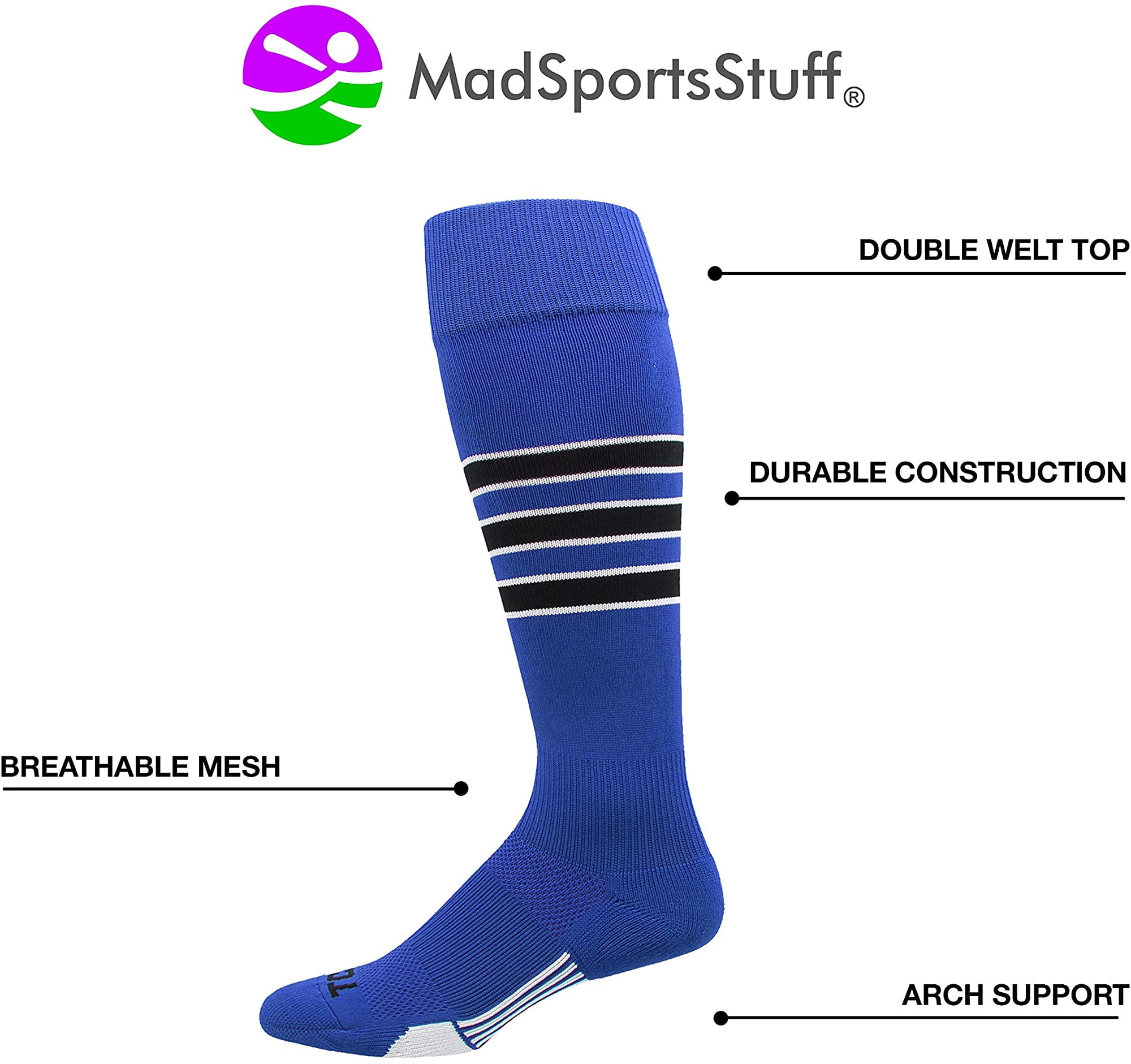 MadSportsStuff Dugout 3 Stripe Baseball Socks Over The Calf Length Multiple Colors 