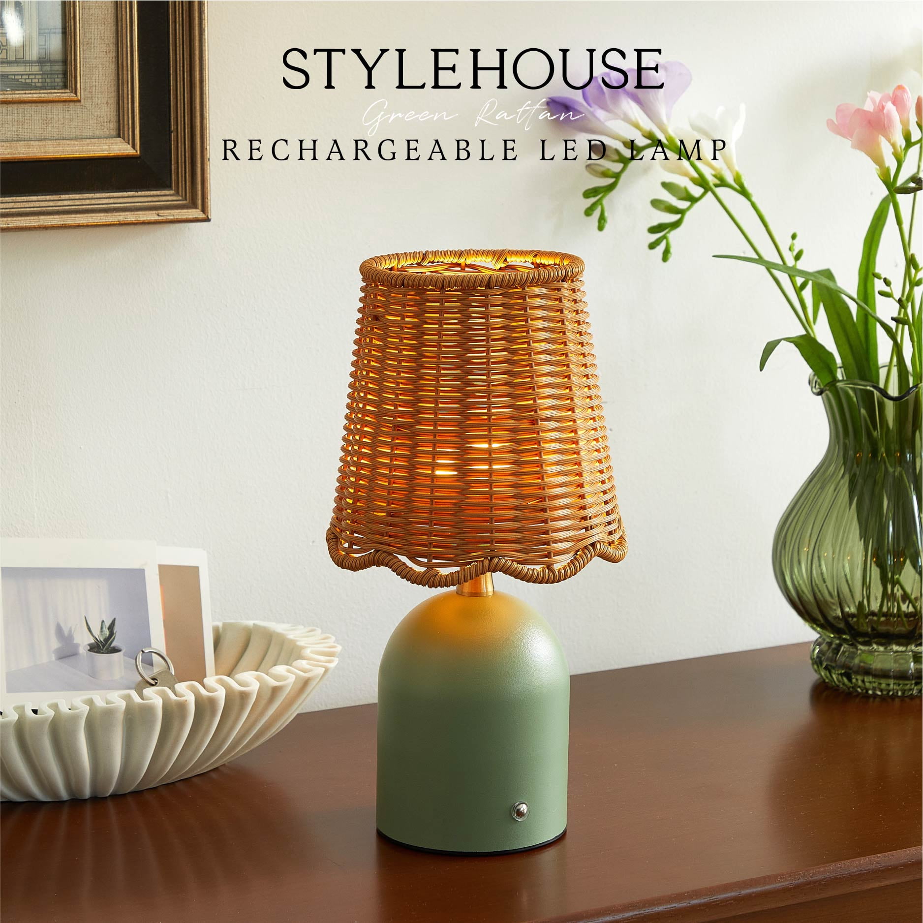 Stylehouse 12" Green Rattan Rechargeable LED Lamp