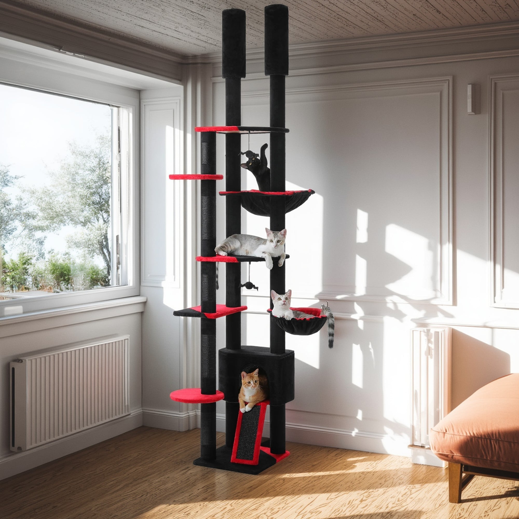 Pefilos Floor to Ceiling Cat Tree Tower Ajustable Height (90.5''~100.4'') 6 Tiers Cactus Cat Tree House with Cat Condo Hammock and Sisal Covered Post for Indoor Cats, Black