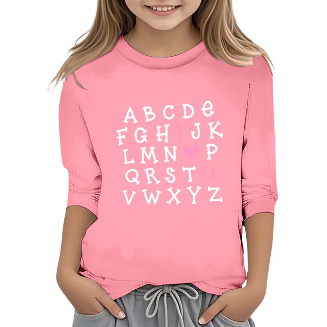 Sunnyoo T-Shirt Col Rond Manches 3/4 pour Grandes Filles, Imprimé Lettres, T-Shirt Décontracté, Tailles 3-14