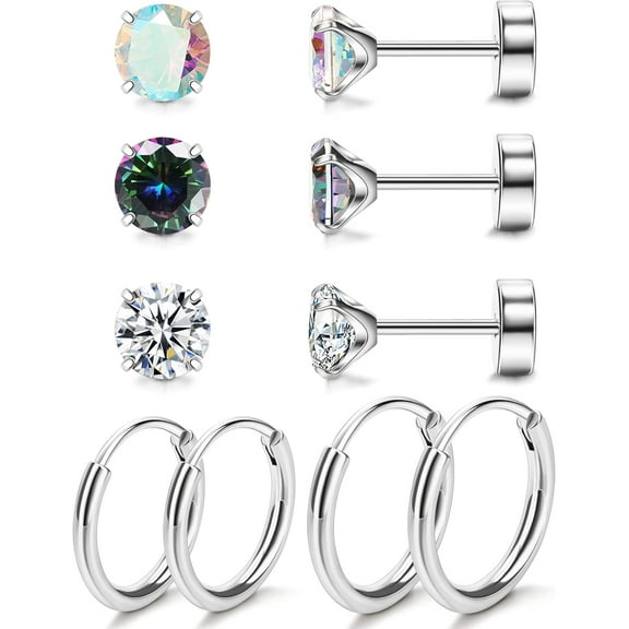 5 Pairs G23 Titanium Flat Back Earrings for Women & Men with Sensitive Ears – Hypoallergenic 20G Studs & Hoops with CZ, Opal, Pearl Designs for Cartilage