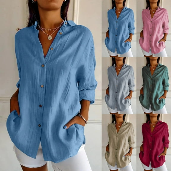 Fall Saving! HVOBTTY Womens Long Sleeve Pullover T Shirt, Fall Tops for Women Plus Size, Women's Casual Fashion V Neck Button Down Pullover Solid Color Shirt Red, XXXL