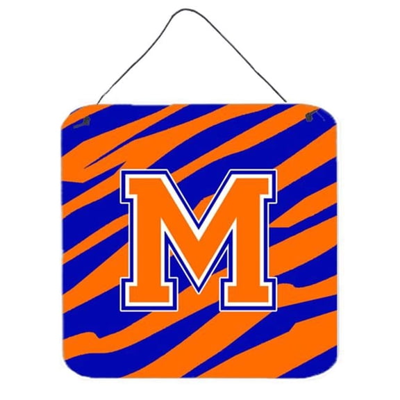 Letter M Initial Tiger Stripe - Blue Orange Aluminium Metal Wall Or Door Hanging Prints