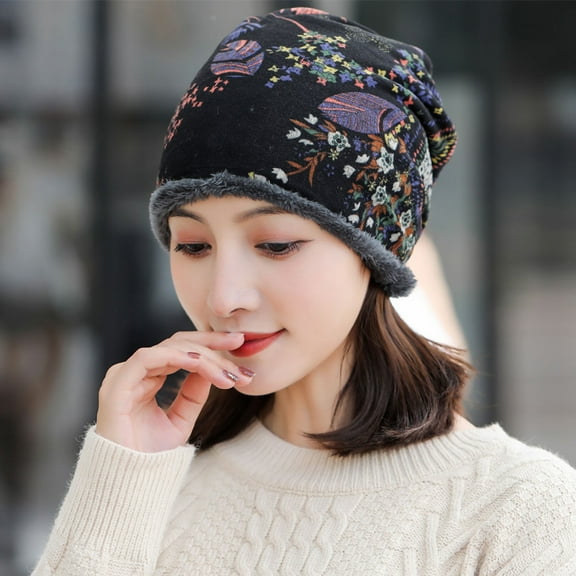 Autumn Winter Cap Soft Fashion Neck Warm Warmer Print Flower Beanie Velvet Bonnet Women Hat Bib Hats BLACK
