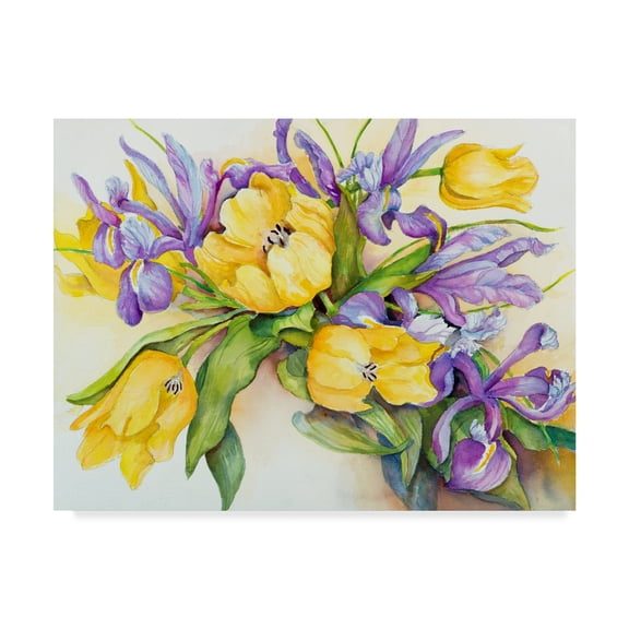 Trademark Fine Art 'Yellow Tulips With Blue Iris' Canvas Art by Joanne Porter