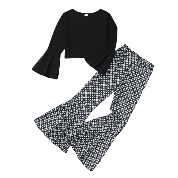 Kucnuzki 9 Years Big Girls Pant Sets Fall Solid Color Flared Top Flared Pants 2pcs Outfits Fall Black