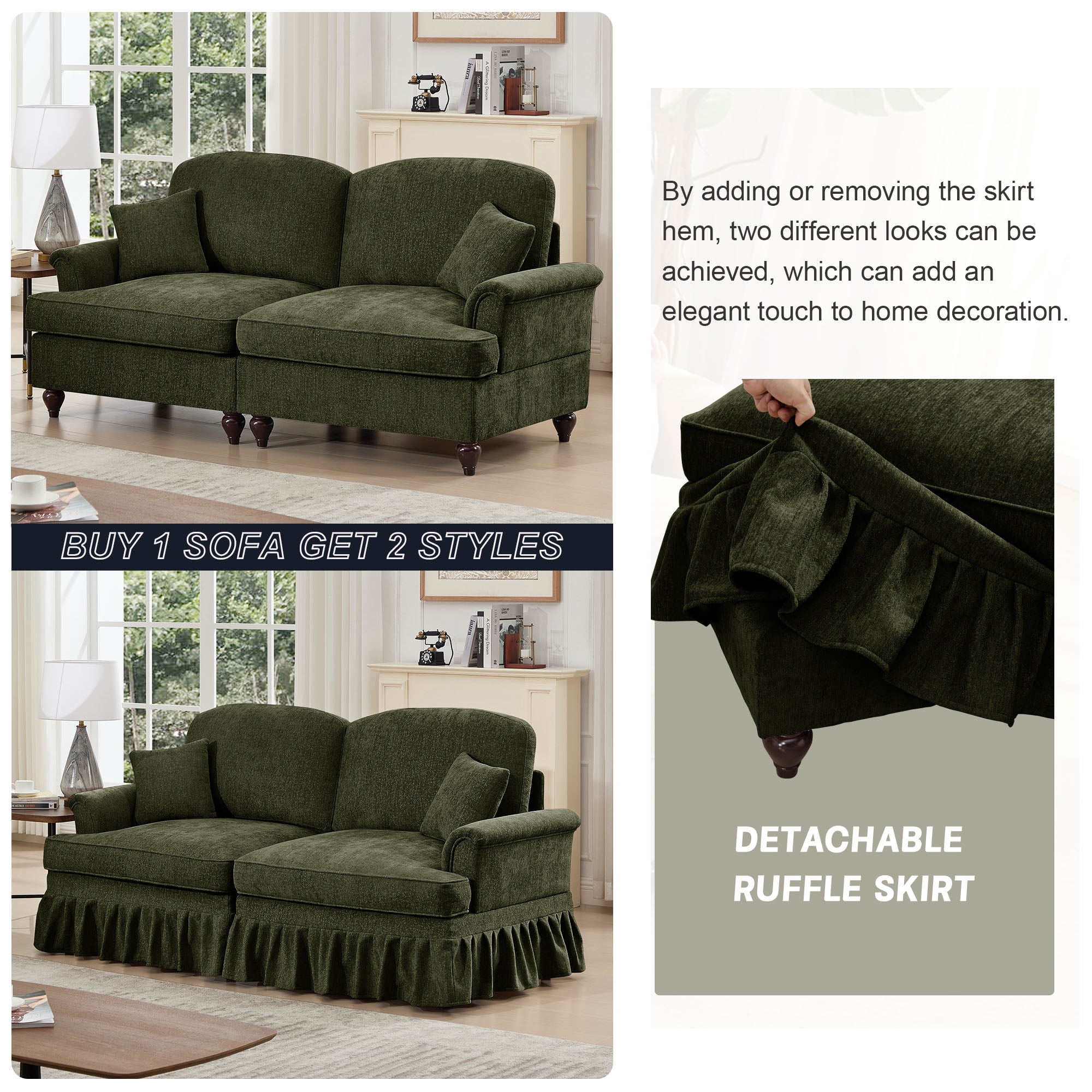 Firscook 76” Chenille 2 Piece Sofa Set, Oversized Loveseat Couch Set for Living Room, Green