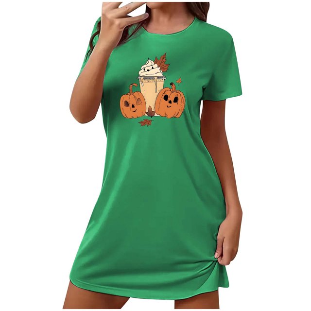 Tnhcen Robe de Nuit Grande Taille Halloween Imprimé Drôle de Dessin Animé Manches Courtes Col Rond Longueur Courte Polyester Spandex P-2TG pour Chaque Corps