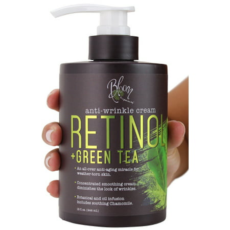Bloom Retinol + Green Tea Cream Anti-Wrinkle For Fine Lines, Wrinkles, Sun Damaged Skin, Age Spots, Crows Feet. Large 15oz