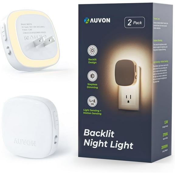 Plug-in LED Backlit Night Light with Motion Sensor & Dusk to Dawn Sensor, Dimmable Warm White Nightlight with 1-50 lm Adjustable Brightness for Bathroom, Bedroom, Hallway, Stairs (2 Pack)