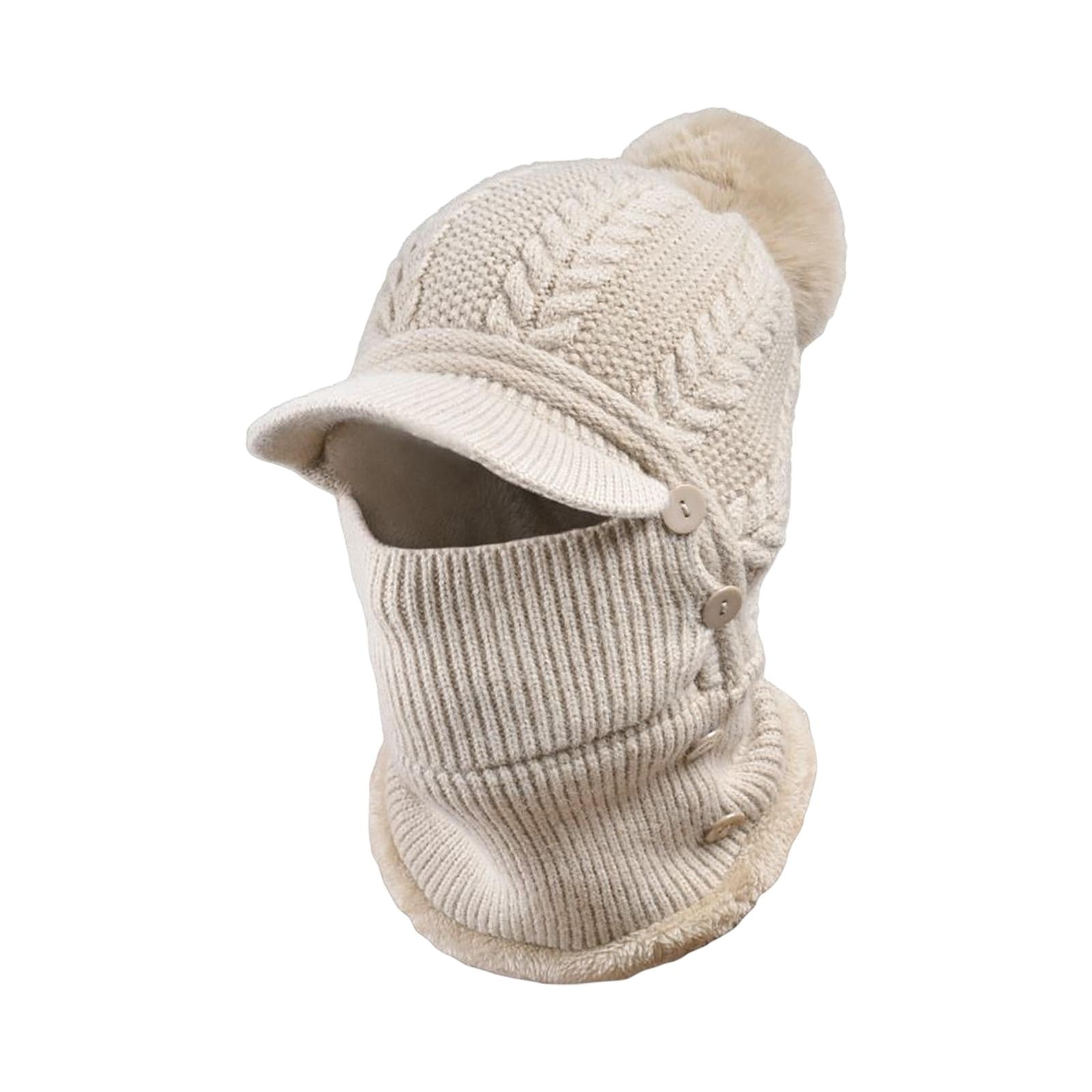 DimyFew Elastic Knitted Beanie Hat Neck Gaiter Breathable Button Warmer Winter Ski Mask Khaki