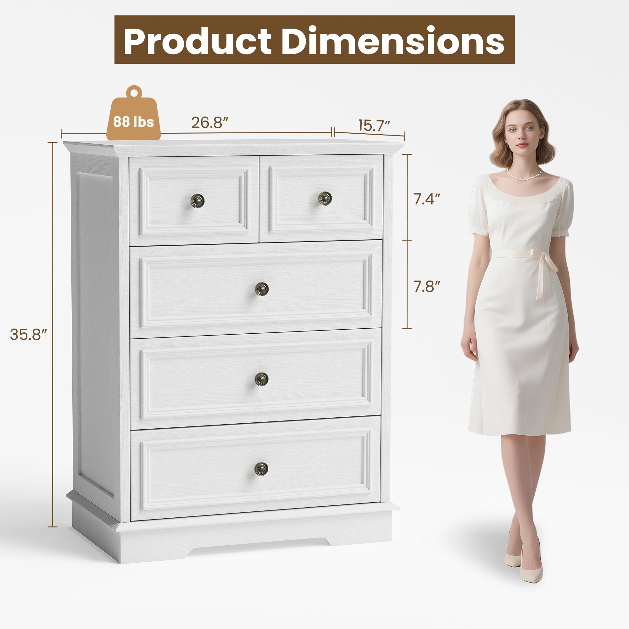 IDEALSOUL 5 Drawer Dresser for Bedroom, White Rustic Style Chest of Drawers, Retro Style 5 Drawer Dresser for Bedroom, Living Room, Bathroom