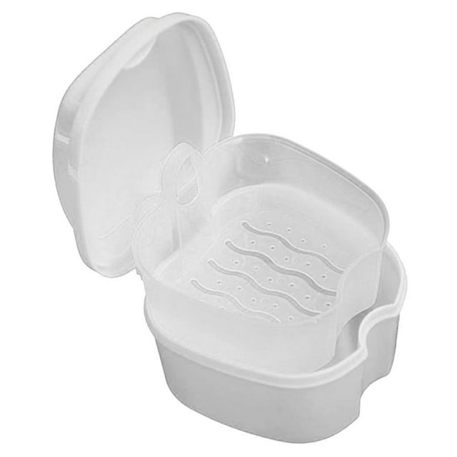 Denture Storage Box Case Cleaning Dental False Teeth Mesh Organizer Container(White)