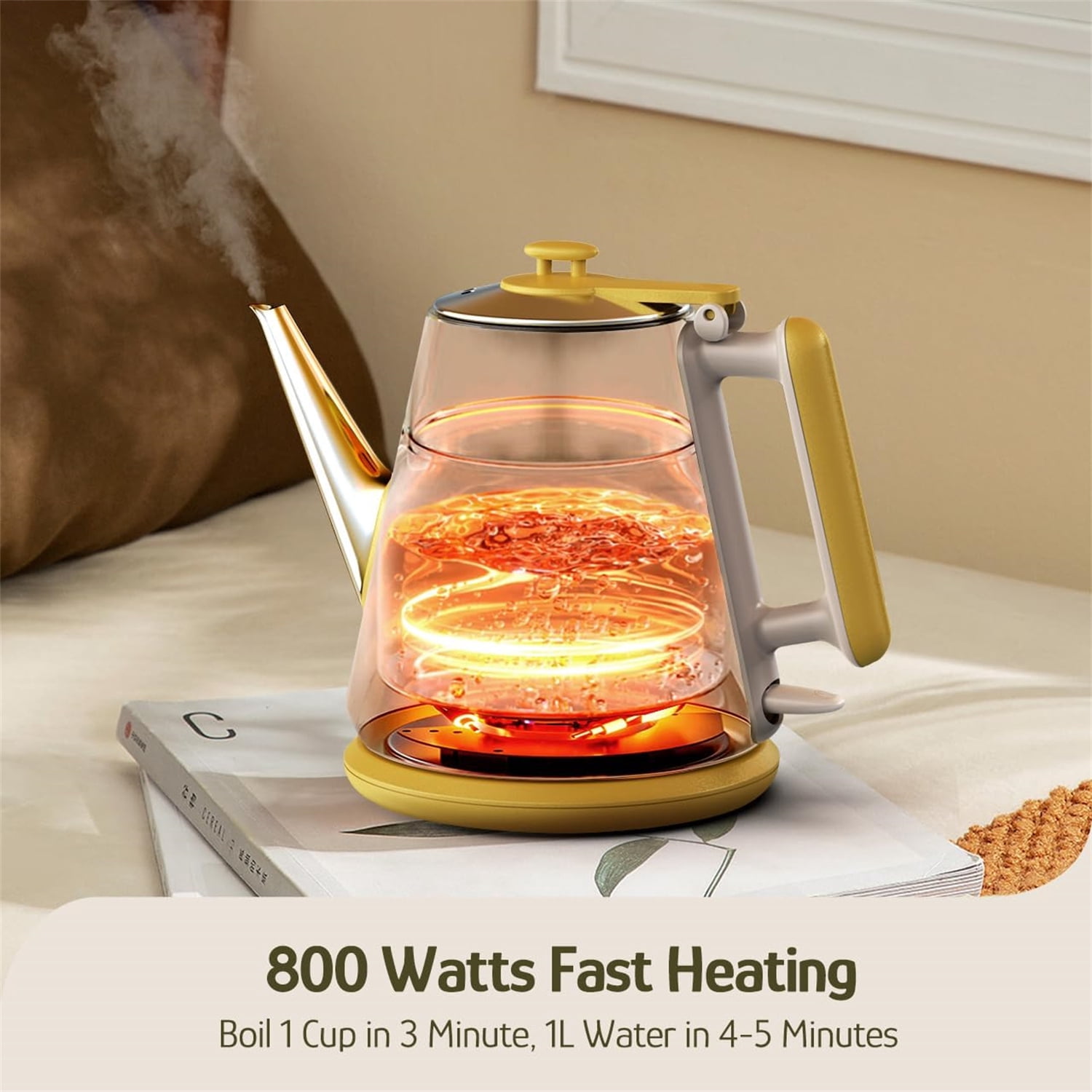 Collaboration Electric Kettle- 1 Litres / 34 Ounces Retro Small Tea Kettle, Double Wall, 304 Stainless Steel, 800W Fast Boiling
