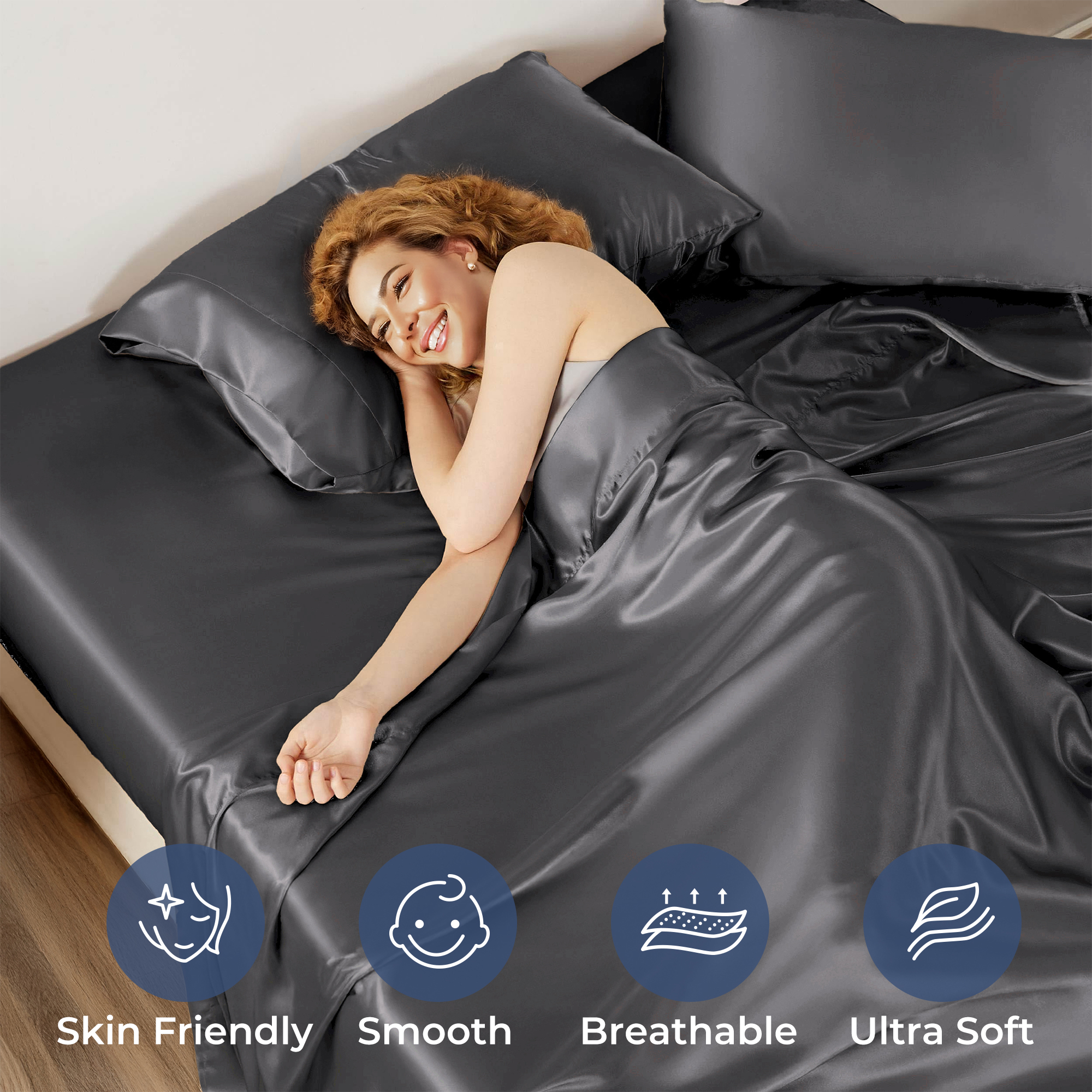 Seasonwood Queen Satin Sheet Set, 4-Piece, Dark Gray photo 6