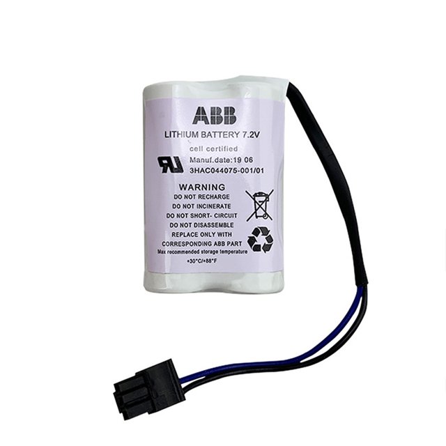 PULADU Original 3HAC044075-001 pour CPU Robot ABB 7,2 V Batterie au Lithium. la Batterie a un Boîtier Blanc avec une Étiquette Violette, des Spécifications de Finition et des instructions de Sécurité. Elle Comprend un Connecteur Noir avec des Fils Bleus et Noirs, Conçue pour la Compatibilité avec le CPU Robot ABB.