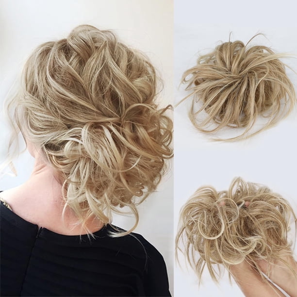 Lativ Extensión de coleteros para el cabello desordenado con banda de goma elástica, accesorios desordenados, piezas para el cabello para mujeres y niñas (moño desordenado rubio blanqueado)