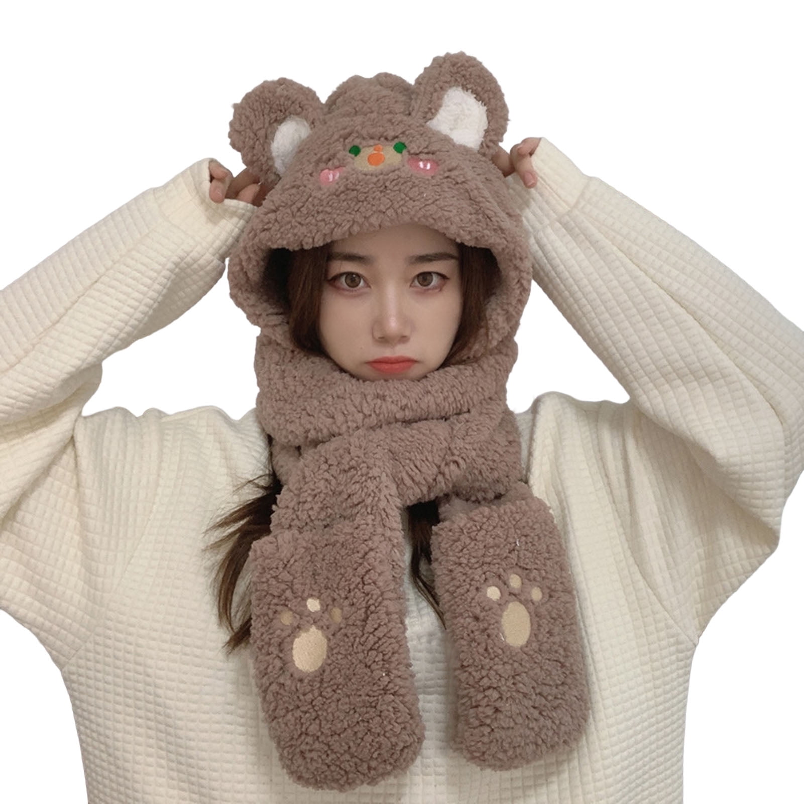 Warm Women Hoodie Hat/Scarf/Gloves Set Soft Plush Thick Warm 