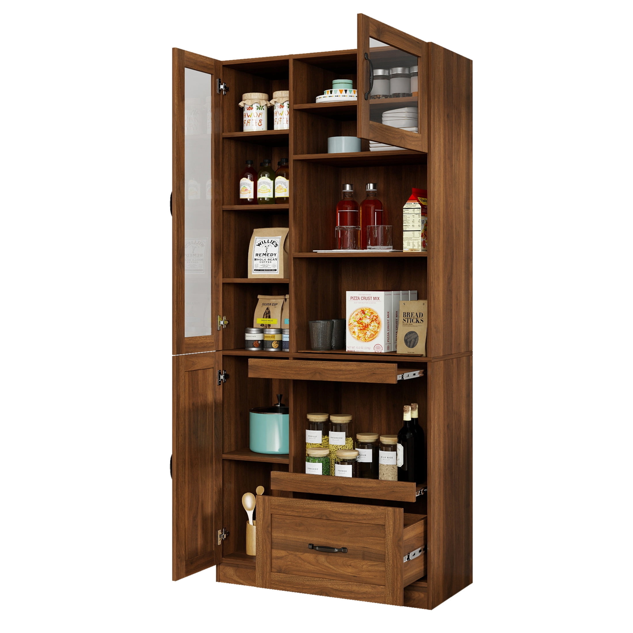 Noble House Oprah Farmhouse Kitchen Hutch Cabinet with Microwave Stand, Coffee Bar Buffet Sideboard with Hooks, Walnut