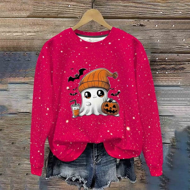 Heisall Womens Hoodies Halloween-themed Sparkling Print Round Neck Long Sleeve Fleece-lined Casual Sporty Fashion Sweatshirts