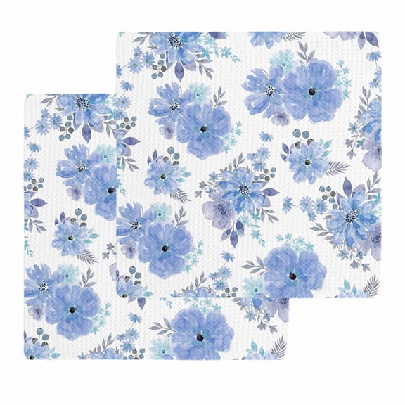 Blue Watercolor Floral Kitchen Dish Towels for Drying Dishes Set of 2, Spring Flower Abstract Art Waffle Weave Microfiber Hand Tea Bathroom Towels Quick Dry & Absorbent Towel 12x12