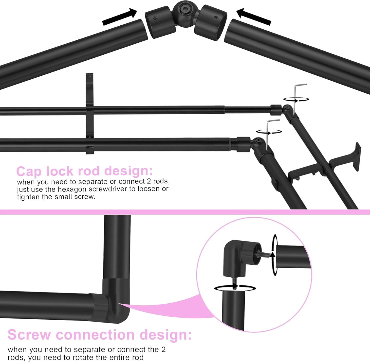 Black Double Corner Window Curtain Rods with Aluminum End Cap Finials and Brackets,1 Inch Diameter Dual Bay Window Curtain Rods, Adjustable 2 Sided 36-72 Inch Double Drapery Rod