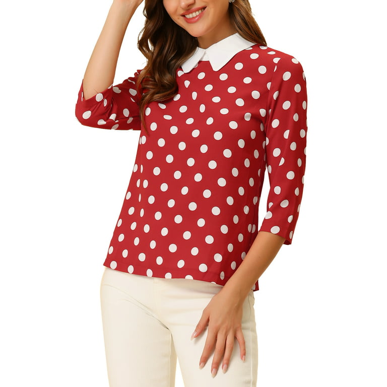Allegra K Women's Polka Dots Contrast Peter Pan Collar Top 3/4 Sleeves  Blouse Pink X-Small