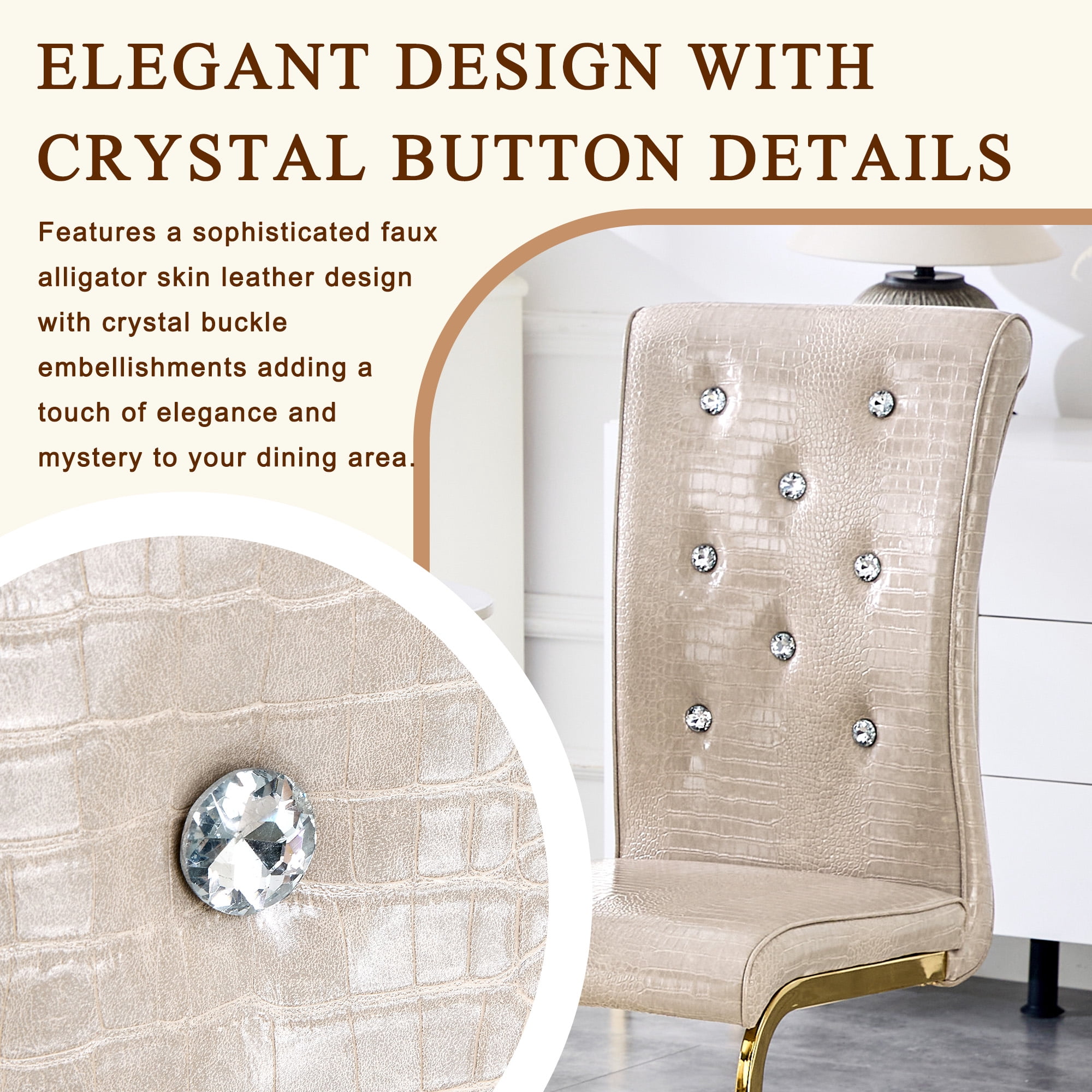 Aukfa Modern Dining Chairs Set of 2 , 400 lbs Heavy-Duty Faux Alligator Leather Kitchen Chairs with Crystal Button Tufted High Back,Beige