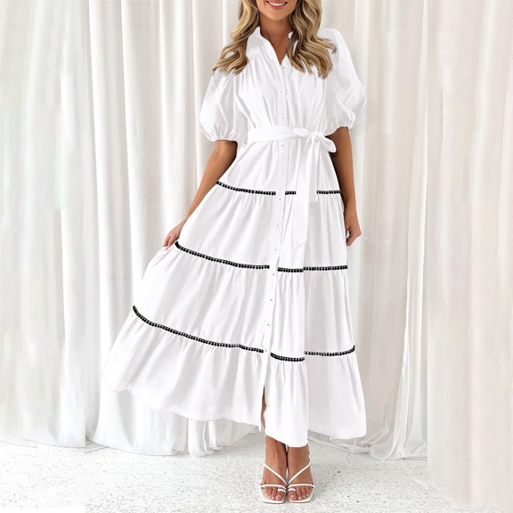 Blmnix Modest Women Dresses Fancy White Short Sleeve Long Solid Pleated Ruffle Peasant Summer Skirts