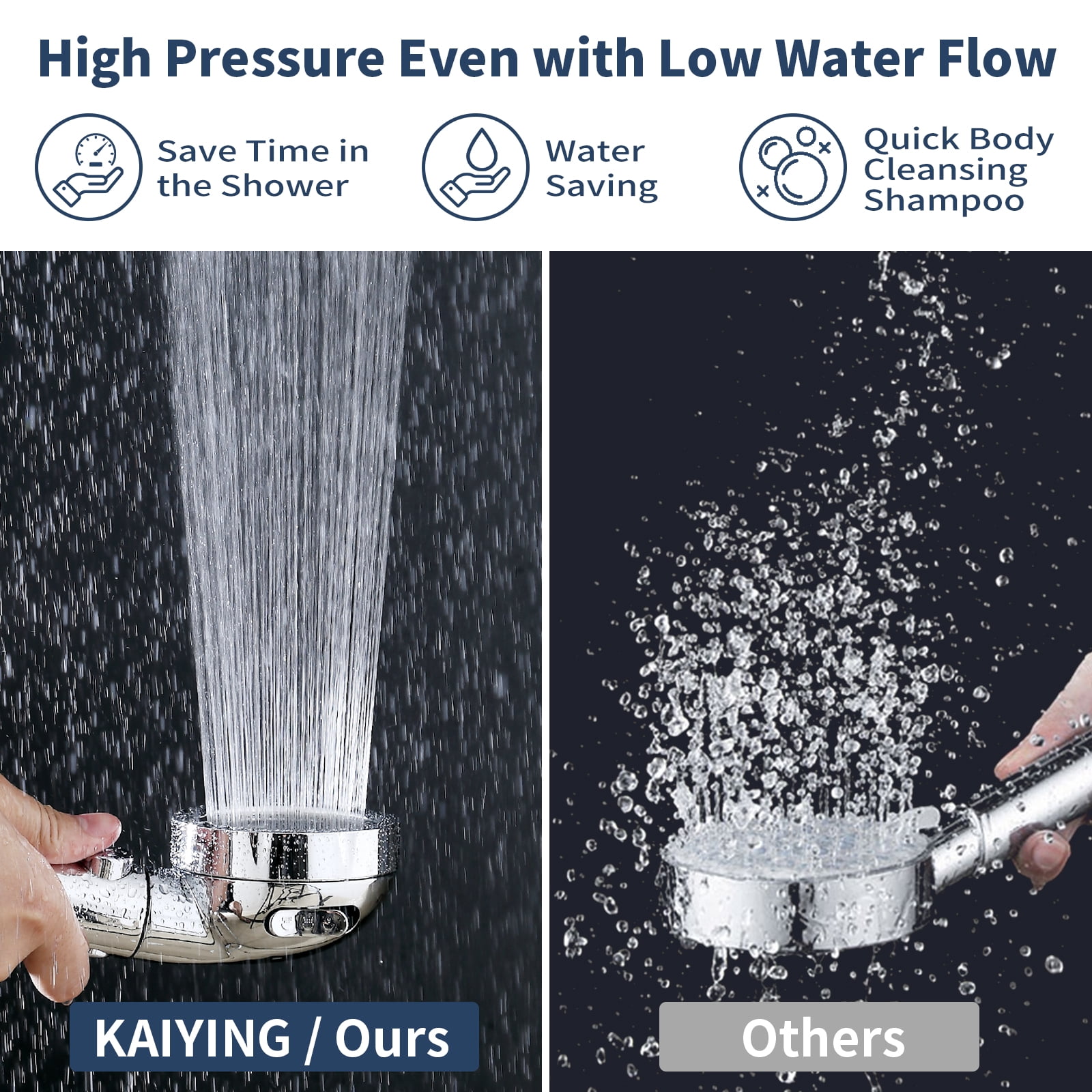 KAIYING Shower Head with Handheld Nozzle, 3 Spray Modes, Detachable, Hose, Adjustable Angle, Chrome
