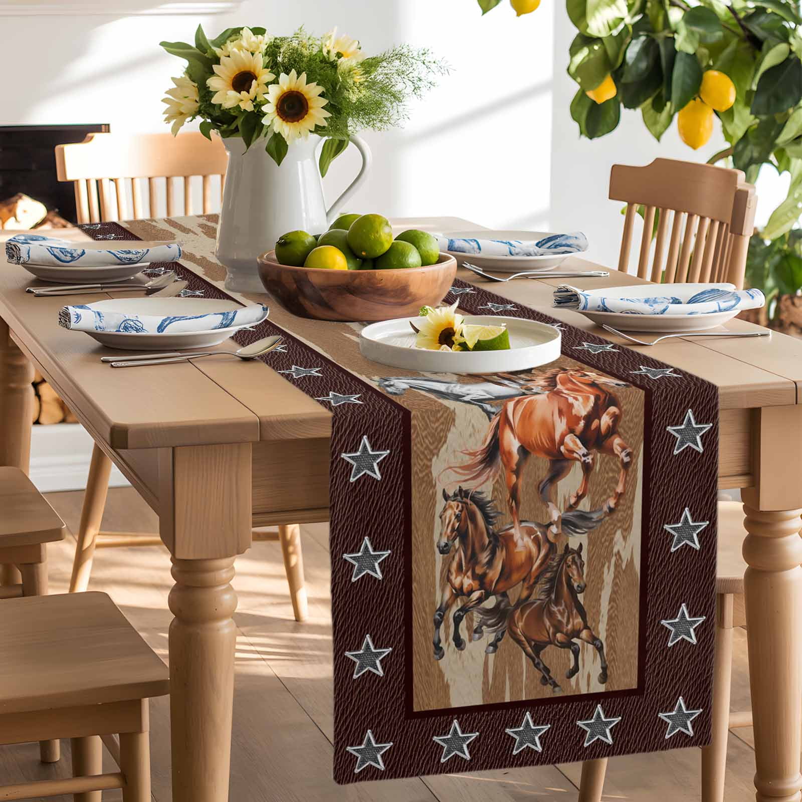 Horses Table Runner, Western Brown White Horse Brown Animal Texture Stars Washable Kitchen Table Runners Dress Scarves for Dining Table Decorations Party, 13x90in