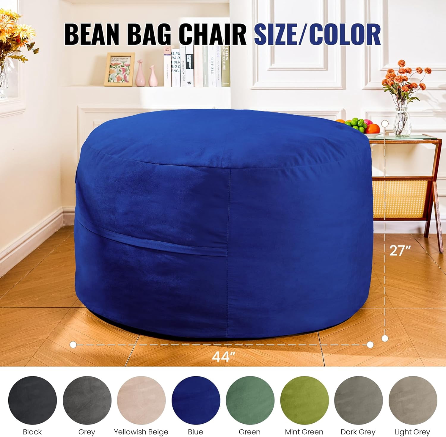 Baxluxe 4FT Bean Bag Chair: Bean Bag with Velvet Cover, Fluffy and Comfy Bean Bag Chairs for Adults and Kids, Bean Bag Sofa Filled with High-Density Sponge for Gaming (Blue)