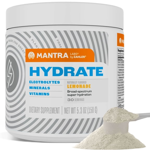 Mantra HYDRATE Zero Sugar Electrolyte Powder Drink Mix with Vitamin C & B12, Keto Vegan Hydration Supplement, Lemonade