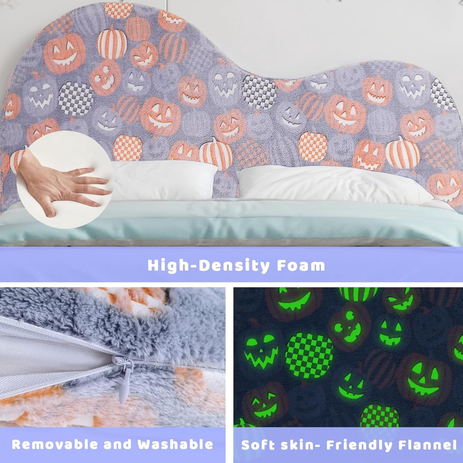 Upholstered Headboard Queen，Creative Curved Glow in The Dark Headboard，Foam Filled Fabric Head Board for Teens and Adults, Pumpkin